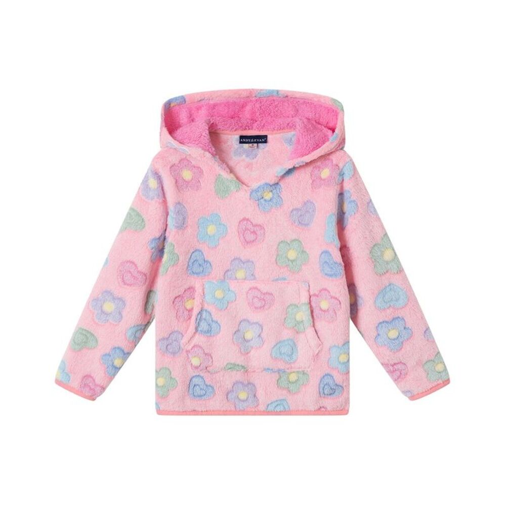 Andy & Evan Girls  Flower & Heart Plush Hoodie, Pink